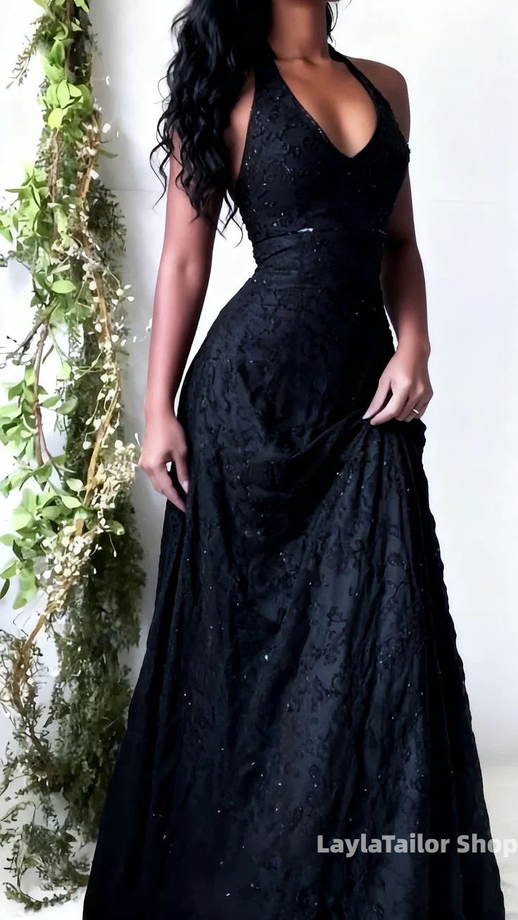 Vintage Black Halter Lace Prom Dresses Beaded 1990S' Women Formal Dress,LTP3626
