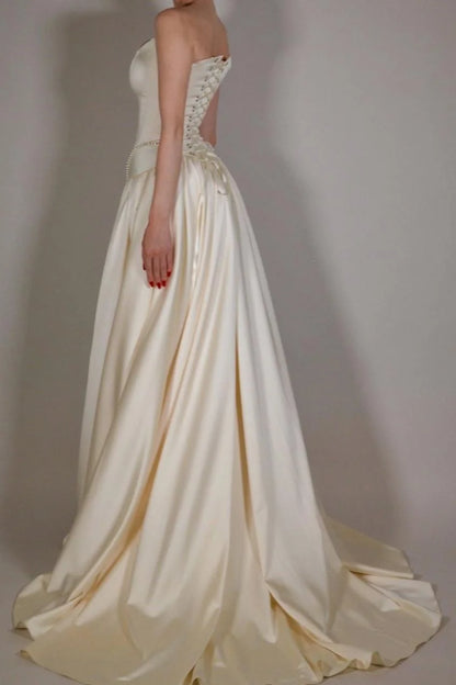 Vintage Off White Strapless Wedding Dress, Pearl Beaded Satin A-line Prom Dress,LTP3672