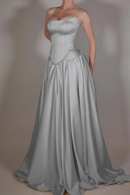 Vintage Off White Strapless Wedding Dress, Pearl Beaded Satin A-line Prom Dress,LTP3672