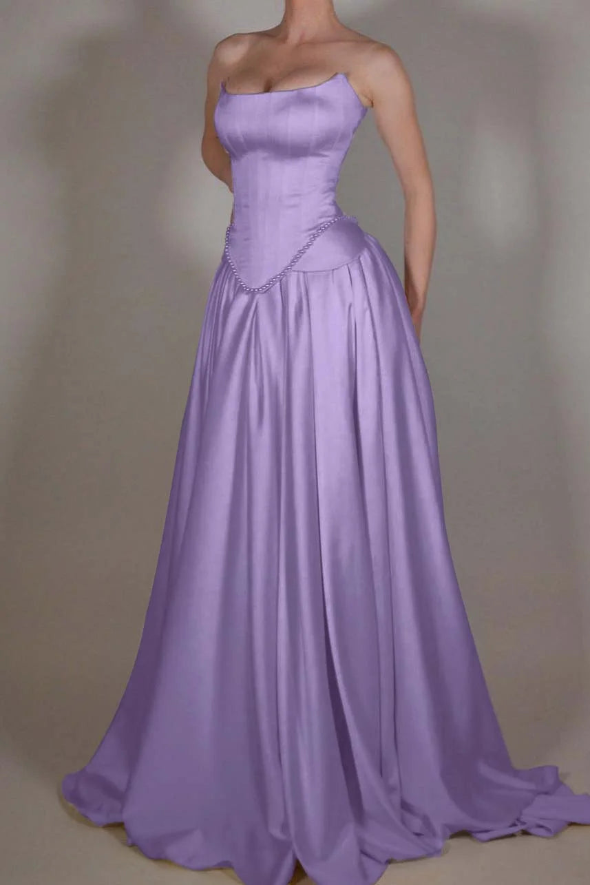Vintage Off White Strapless Wedding Dress, Pearl Beaded Satin A-line Prom Dress,LTP3672