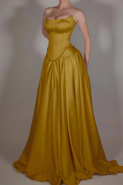 Vintage Off White Strapless Wedding Dress, Pearl Beaded Satin A-line Prom Dress,LTP3672