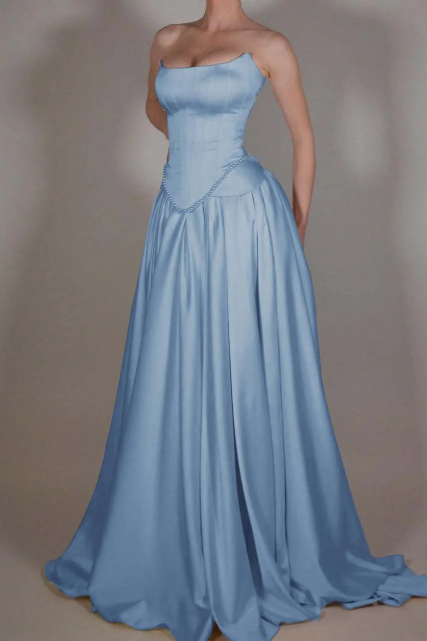 Vintage Off White Strapless Wedding Dress, Pearl Beaded Satin A-line Prom Dress,LTP3672