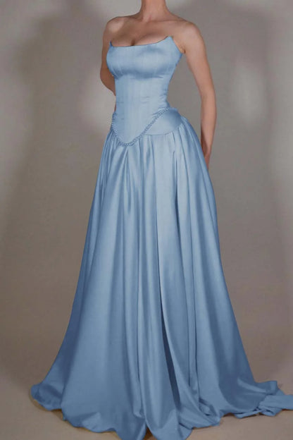 Vintage Off White Strapless Wedding Dress, Pearl Beaded Satin A-line Prom Dress,LTP3672