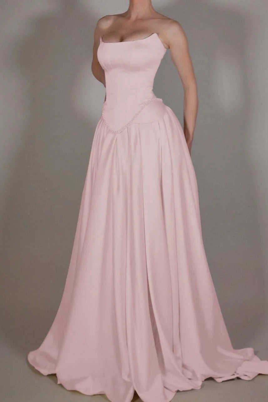 Vintage Off White Strapless Wedding Dress, Pearl Beaded Satin A-line Prom Dress,LTP3672