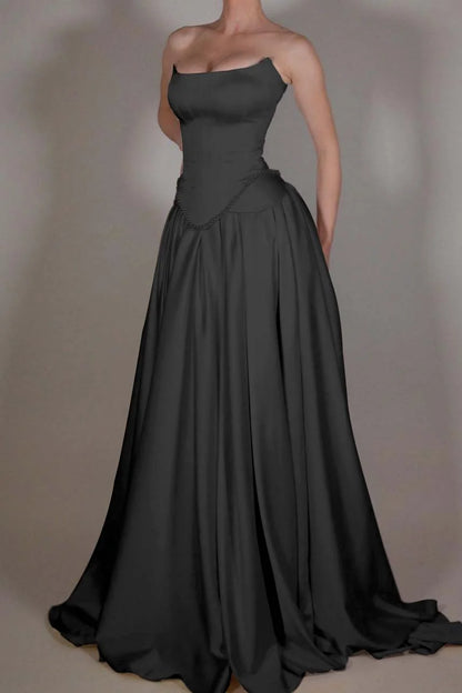 Vintage Off White Strapless Wedding Dress, Pearl Beaded Satin A-line Prom Dress,LTP3672