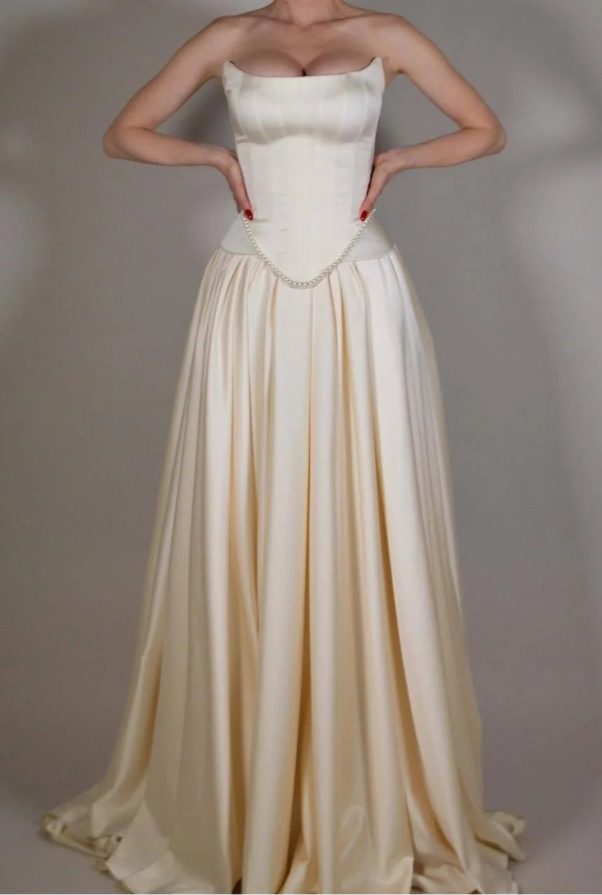 Vintage Off White Strapless Wedding Dress, Pearl Beaded Satin A-line Prom Dress,LTP3672