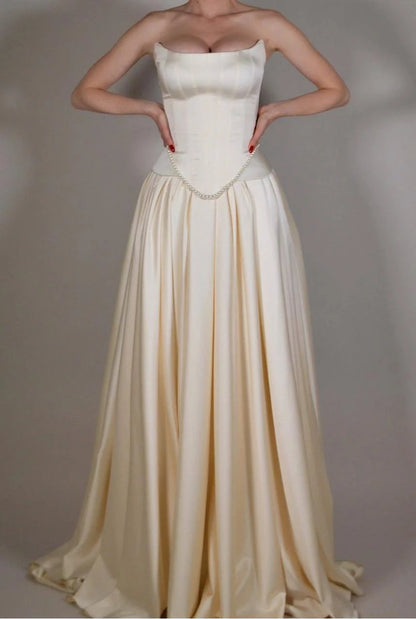 Vintage Off White Strapless Wedding Dress, Pearl Beaded Satin A-line Prom Dress,LTP3672