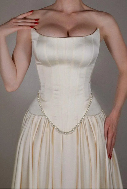 Vintage Off White Strapless Wedding Dress, Pearl Beaded Satin A-line Prom Dress,LTP3672