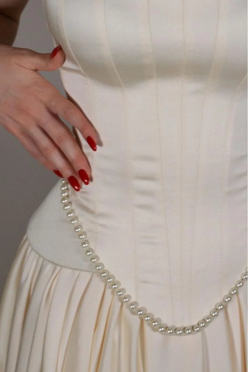 Vintage Off White Strapless Wedding Dress, Pearl Beaded Satin A-line Prom Dress,LTP3672