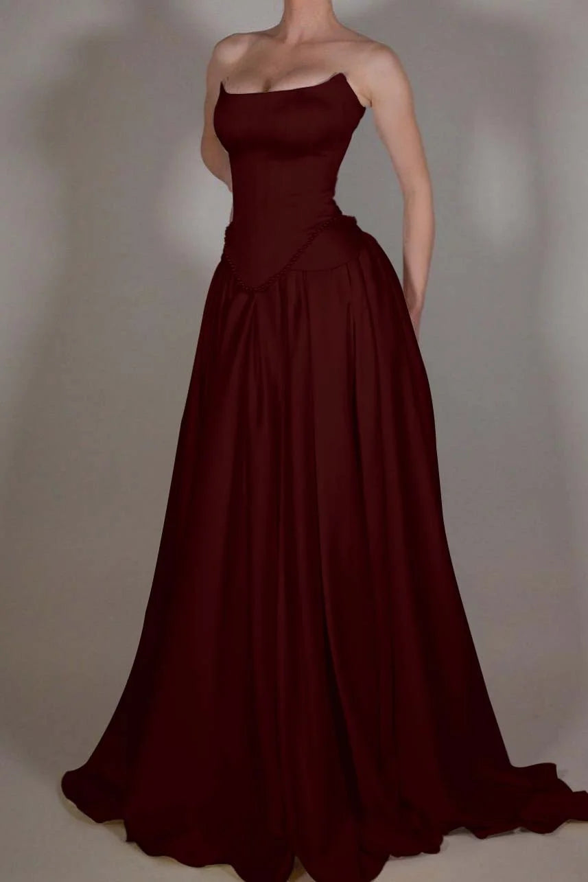 Vintage Off White Strapless Wedding Dress, Pearl Beaded Satin A-line Prom Dress,LTP3672