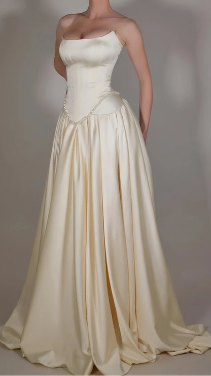Vintage Off White Strapless Wedding Dress, Pearl Beaded Satin A-line Prom Dress,LTP3672