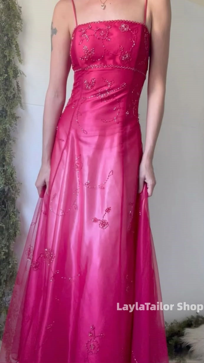 Vintage Prom Dress Spaghetti Straps Red Beaded Lace Formal Dresses,LTP3663