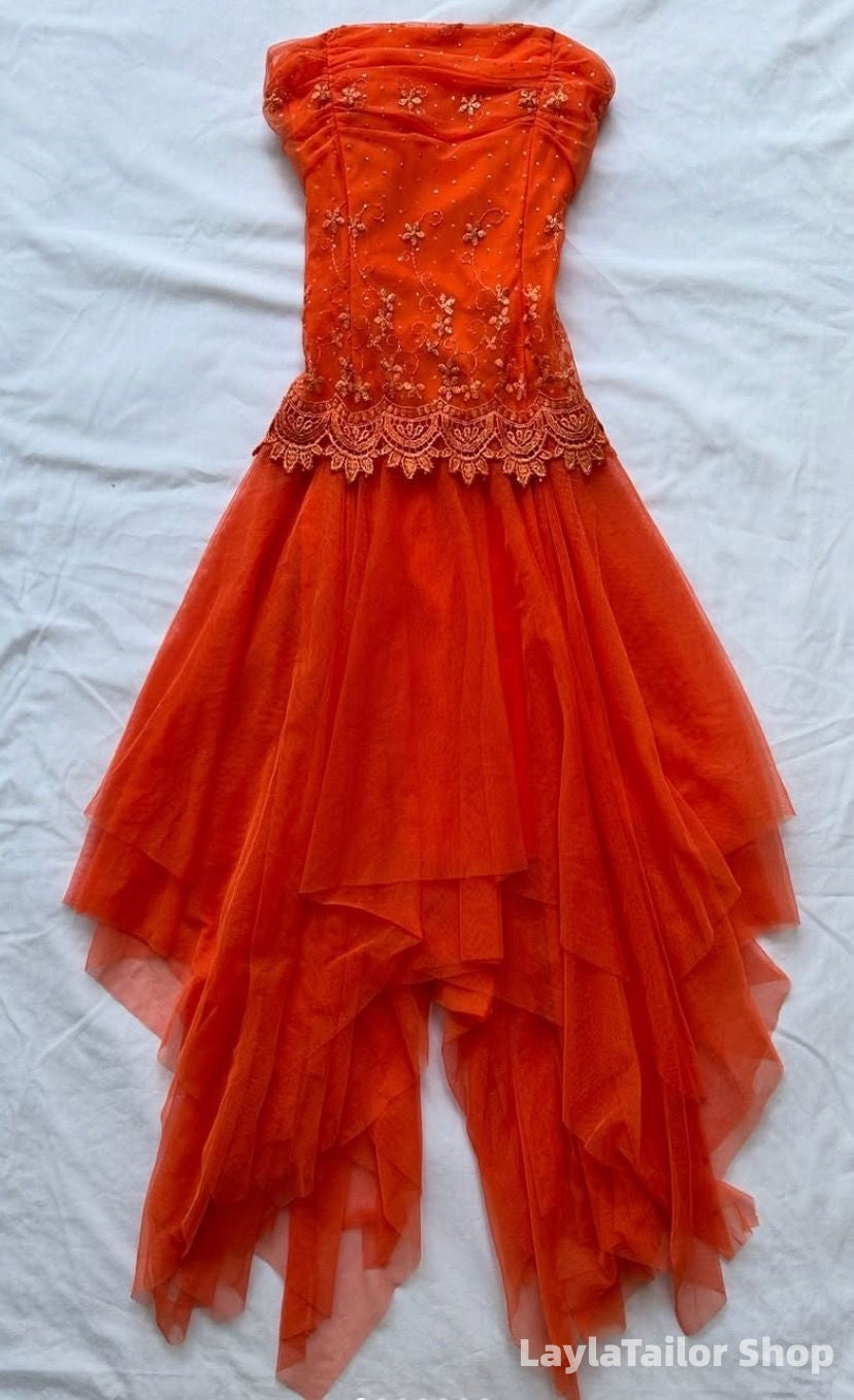 Vintage Strapless Orange Lace Tulle Irregular Party Dresses LTP82722