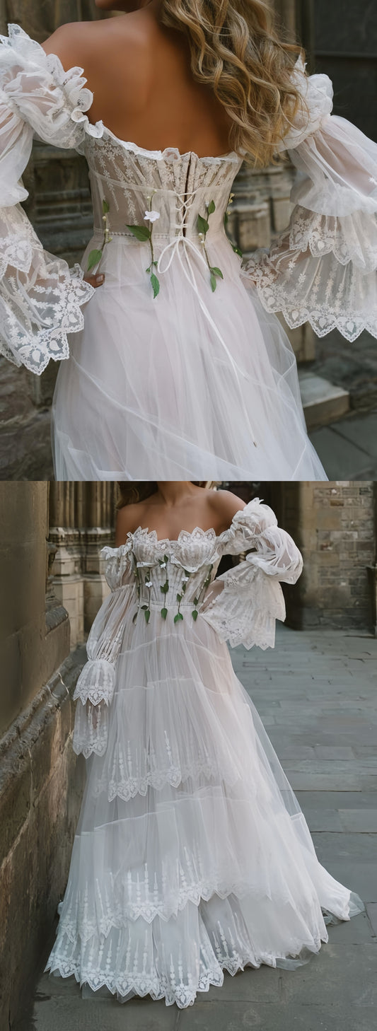 Vintage Wedding Dress A-Line Lace Tulle Wedding Bridal Gown,LTP3406