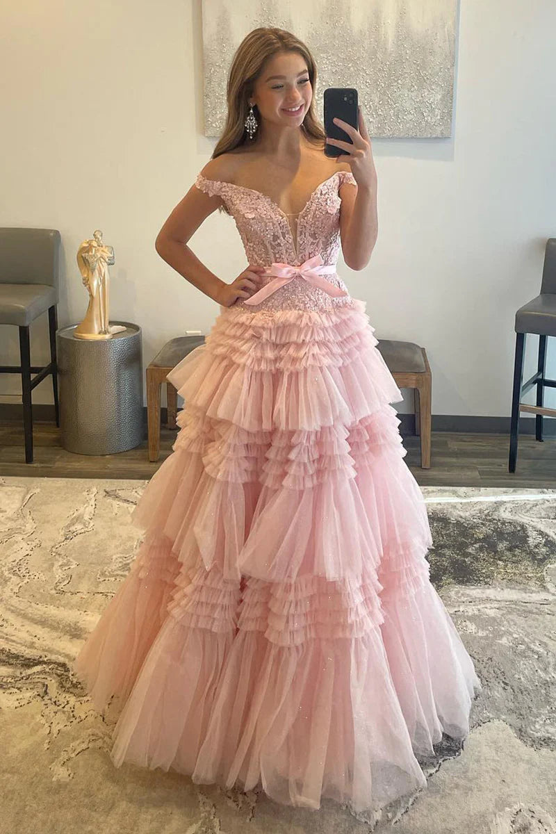 Princess Off The Shoulder Tiered Long Prom Dress