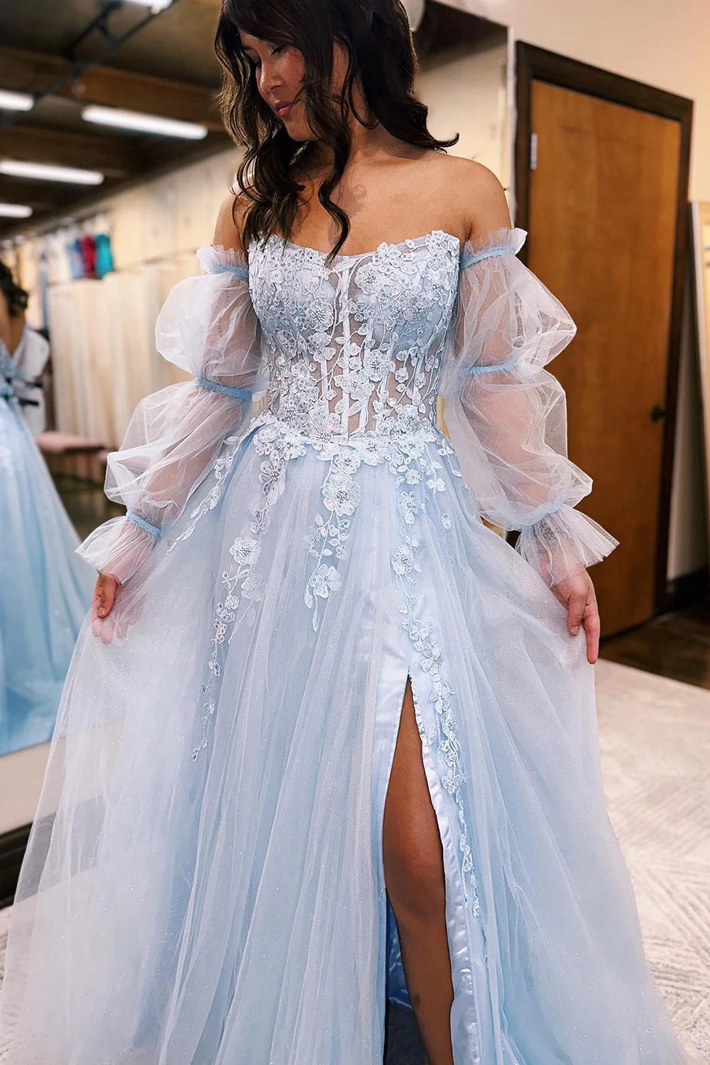 Light Blue Appliques Tulle Split Long Formal Prom Dress