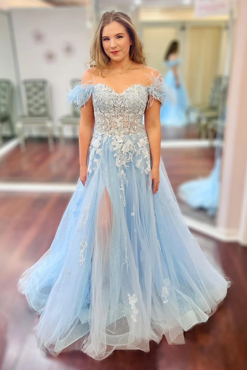 Off The Shoulder Feather Tulle Floral Appliques Prom Dress