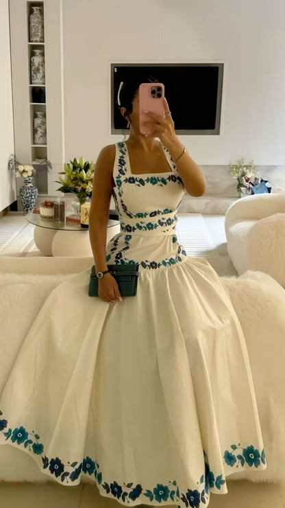 White A-Line Prom Dresses Floral Print Evening Party Dress Holiday Outfits,LTP4284