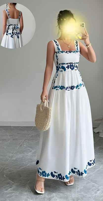 White A-Line Prom Dresses Floral Print Evening Party Dress Holiday Outfits,LTP4284