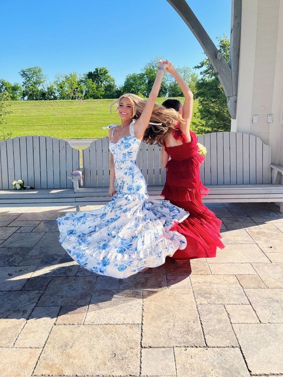 White Blue Floral Prom Dress | A-Line Long Evening Gown | Laylatailor Laylatailor Shop White Blue Floral Prom Dress | A-Line Long Evening Gown | Laylatailor Laylatailor Shop