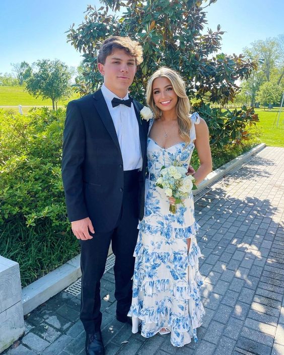 White Blue Floral A-Line Prom Dresses Long Evening Gown – Laylatailor Shop