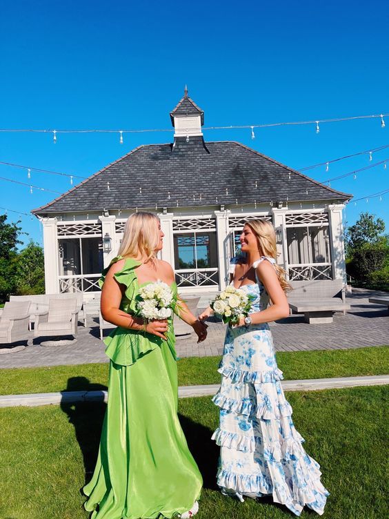 White Blue Floral Prom Dress | A-Line Long Evening Gown White Blue Floral Prom Dress | A-Line Long Evening Gown