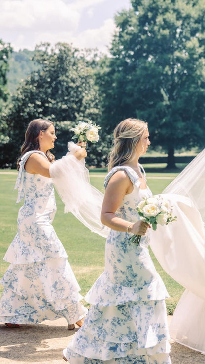 White Blue Floral Bridesmaid Dresses, LTP3461