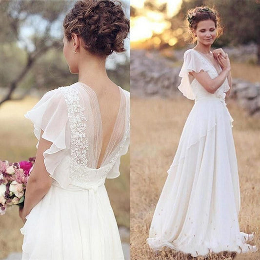 White Chiffon Floral Wedding Dresses Cap Sleeves Bridal Gowns