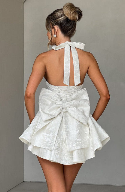 White Floral A-line Homecoming Dresses Halter V-neck Wedding Reception Dress, LTP3775
