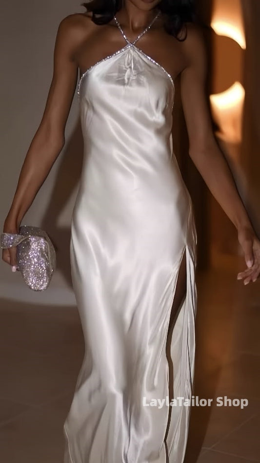 White Halter Beaded Sparkly Prom Dress With Slit,LTP4600