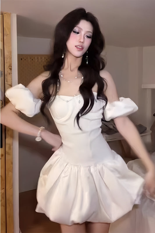 White Homecoming Dresses Off The Shoulder Satin Celebration Dress,LTP3930