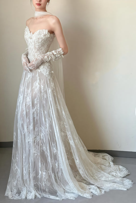 White Lace Strapless Wedding Dress, Vintage Photografhy Dress,LTP3669