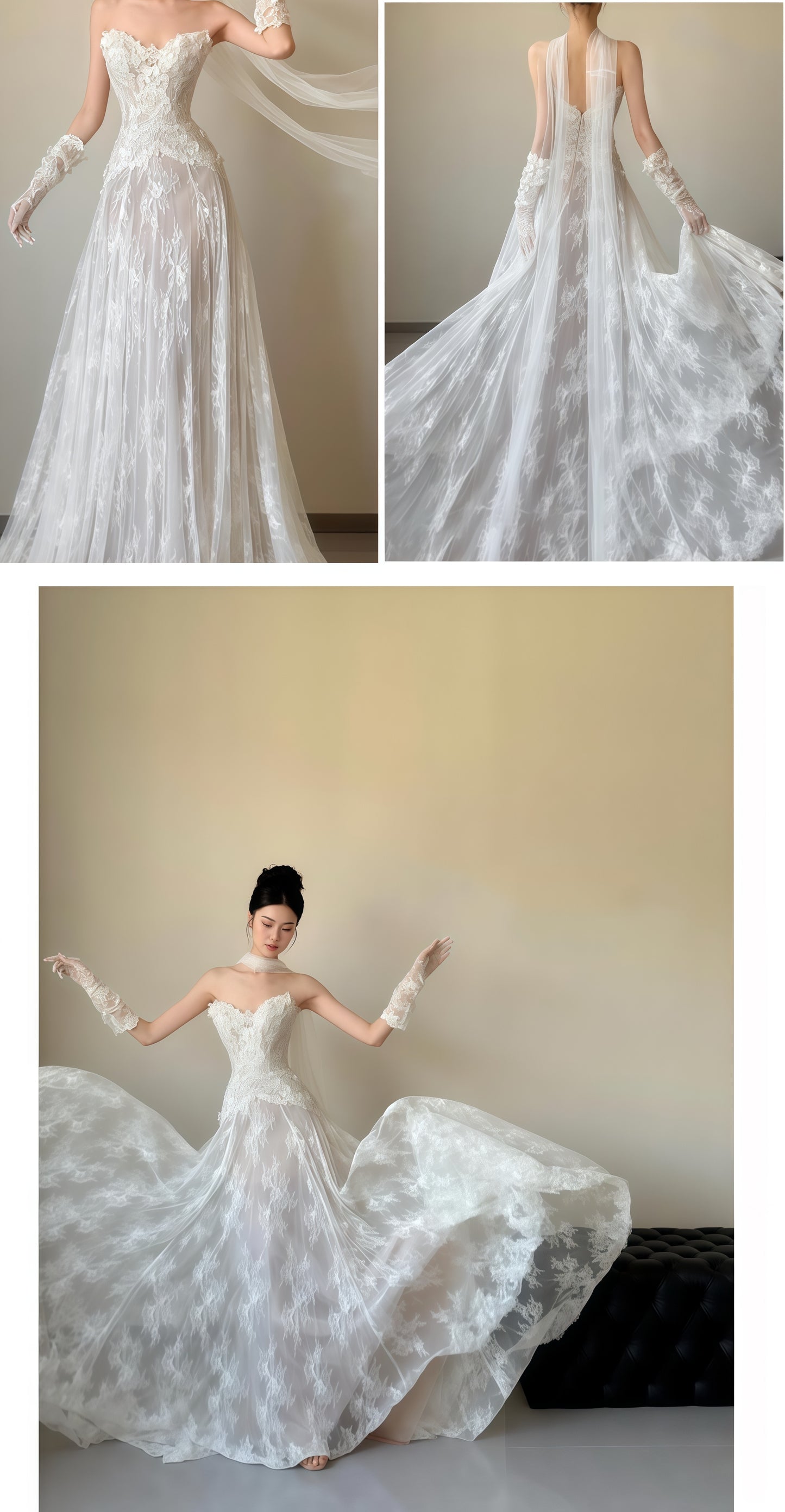 White Lace Strapless Wedding Dress, Vintage Photografhy Dress,LTP3669