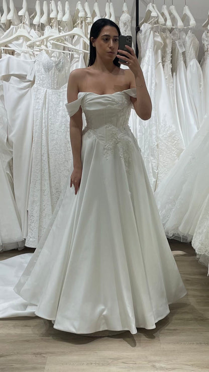 White Off The Shoulder Appliques Wedding Dresses A-Line Grace Bridal Dress,LTP4326