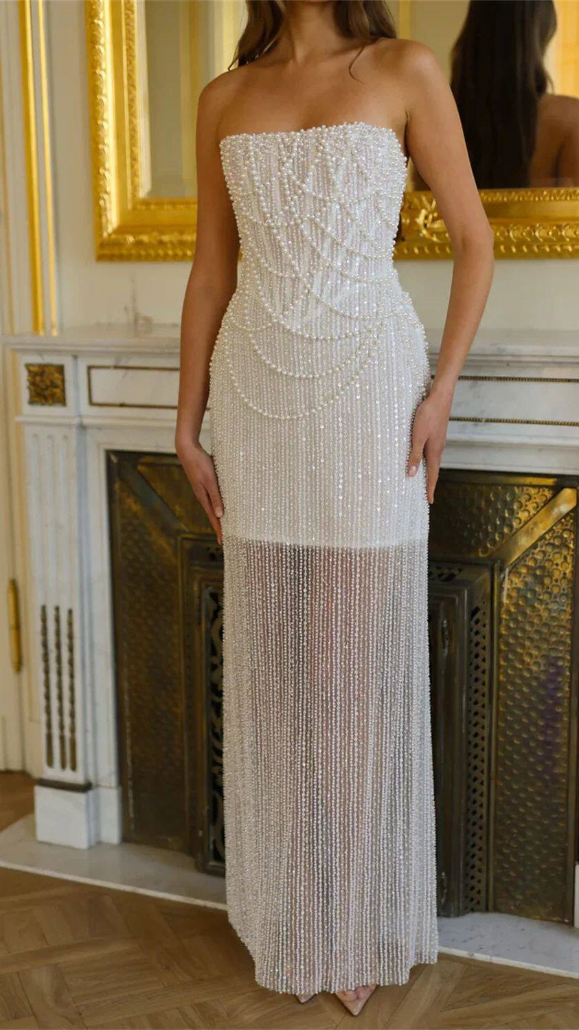 White Pearl Beaded Long Party Dresses Strapless Formal Party Dress,LTP4375