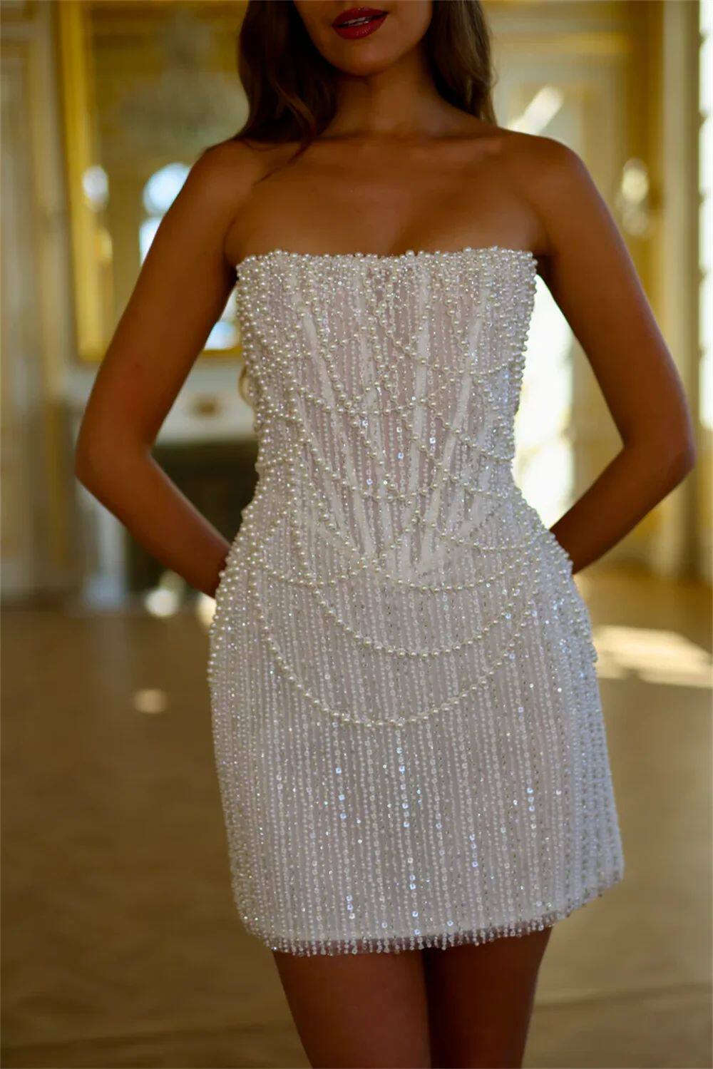 White Pearl Beaded Short Party Dresses Strapless Formal Party Dress,LTP4374