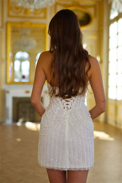 White Pearl Beaded Short Party Dresses Strapless Formal Party Dress,LTP4374