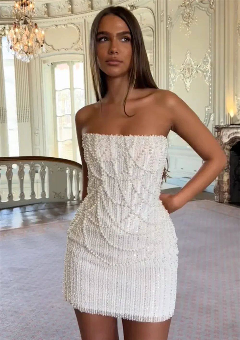 White Pearl Beaded Short Party Dresses Strapless Formal Party Dress,LTP4374