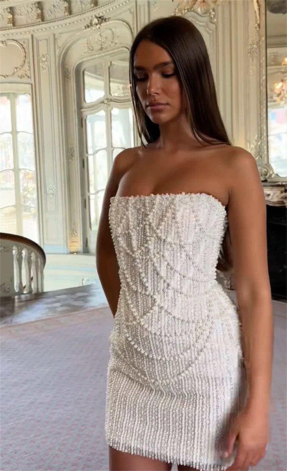 White Pearl Beaded Short Party Dresses Strapless Formal Party Dress,LTP4374