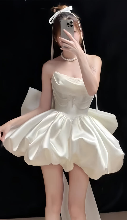 White Homecoming Dresses Pearl Beaded Wedding Dresses A-line Strapless Party Dress With Bowknot,LTP3897