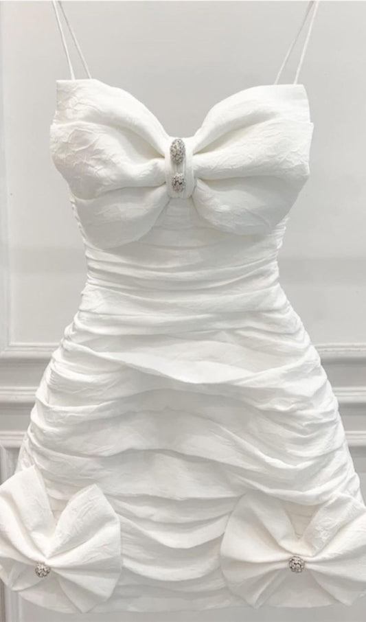 White Ruched Homecoming Dresses Bowknot Mini Sweet Dress,LTP3904
