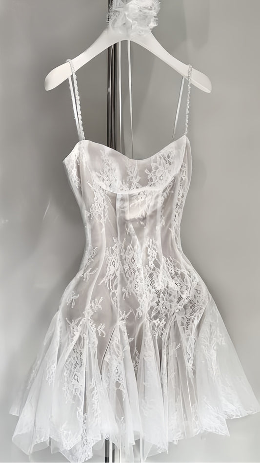 White Short Lace Dress Spaghetti Straps Mini Wedding Dresses, LTP3416