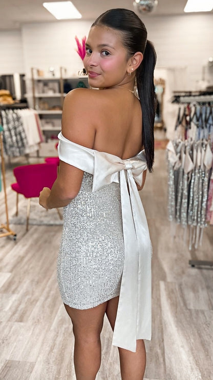 White Silver Homecoming Dresses With Bowknot, Off The Shoulder Sequined Cocktail Dress,LTP3361