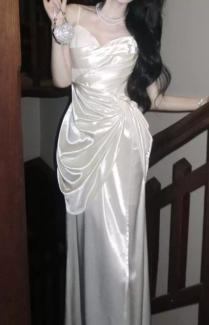 White Spaghetti Straps Party Dresses Pleated Senior Formal Prom Dress Debs Outfits,LTP4386