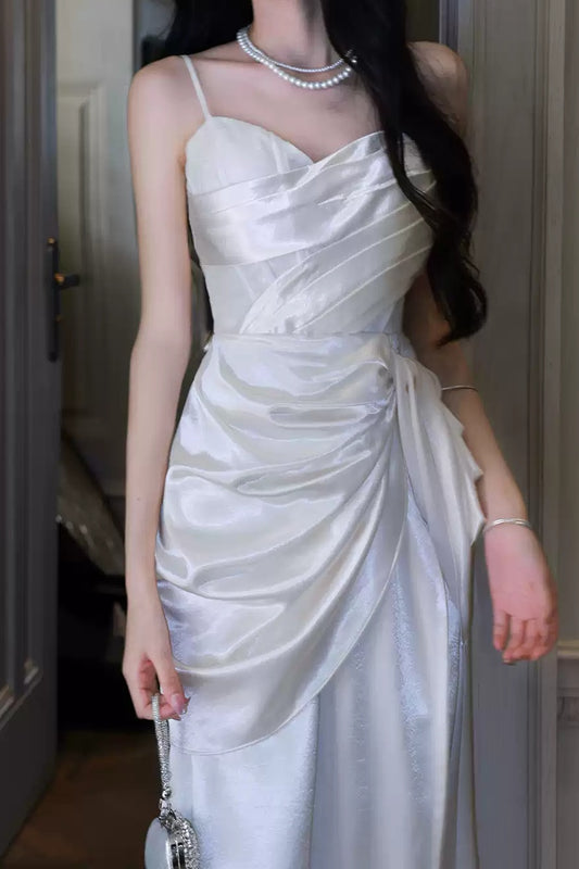 White Spaghetti Straps Party Dresses Pleated Senior Formal Prom Dress Debs Outfits,LTP4386
