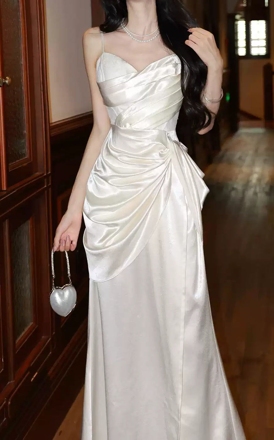 White Spaghetti Straps Party Dresses Pleated Senior Formal Prom Dress Debs Outfits,LTP4386