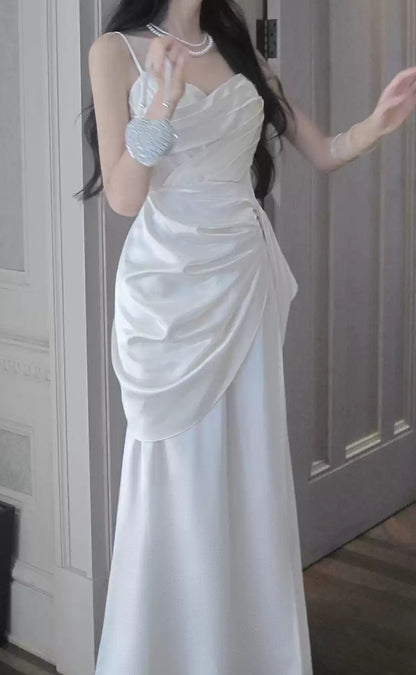 White Spaghetti Straps Party Dresses Pleated Senior Formal Prom Dress Debs Outfits,LTP4386