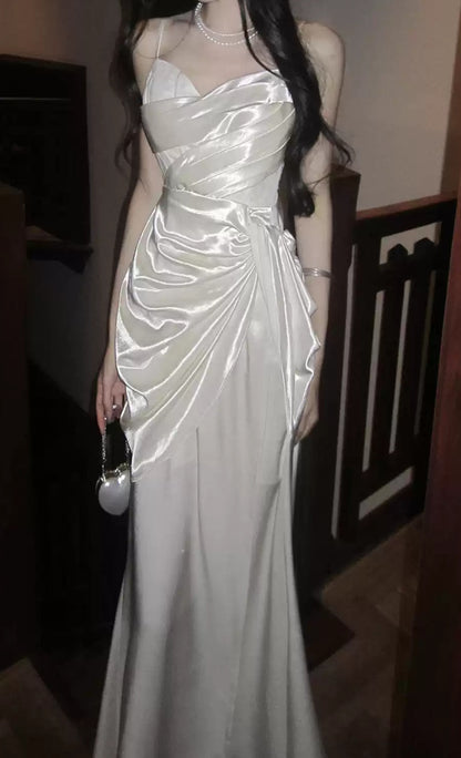 White Spaghetti Straps Party Dresses Pleated Senior Formal Prom Dress Debs Outfits,LTP4386