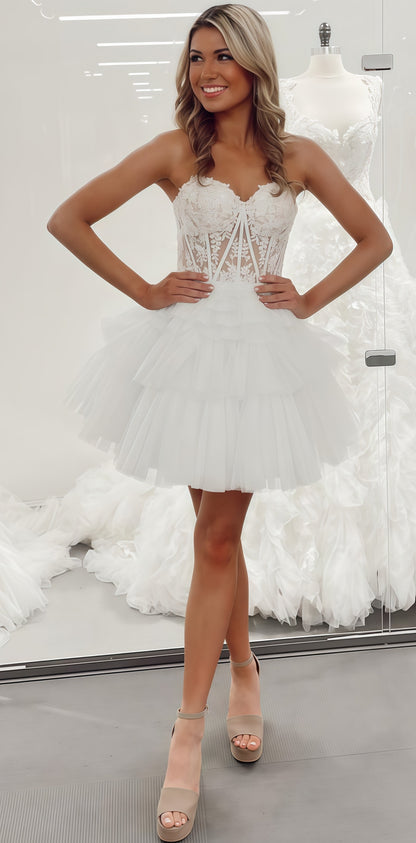 White Sweetheart Applique Lace Homecoming Dress Ruffle Tulle Mini Party Dress, LTP3769