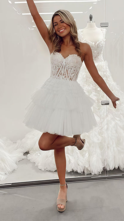 White Sweetheart Applique Lace Homecoming Dress Ruffle Tulle Mini Party Dress, LTP3769